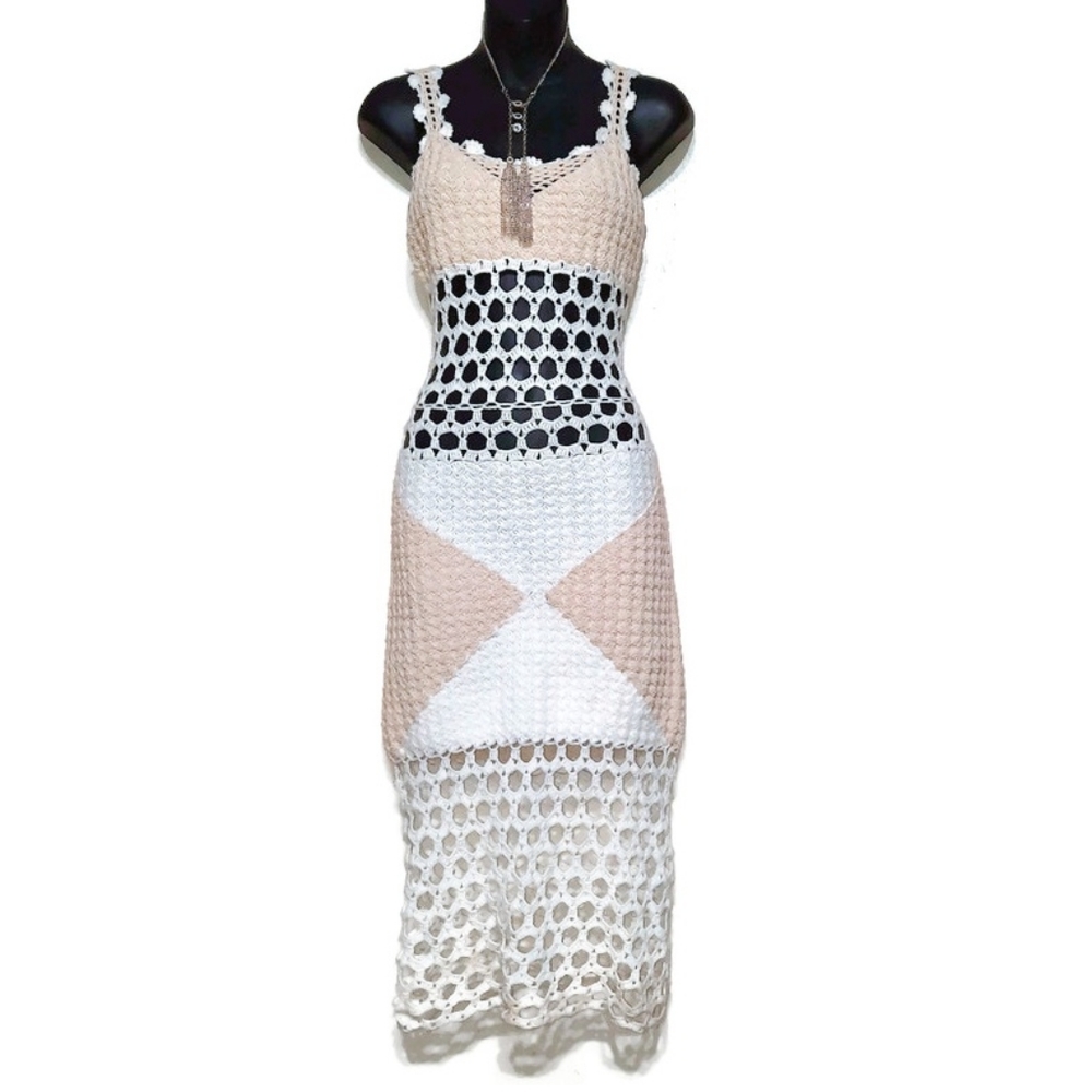 HANDCRAFTED Crochet Macrame Knit Dress Festival Midaxi Swim Cover Cream Tan S 4 - Picture 2 of 11